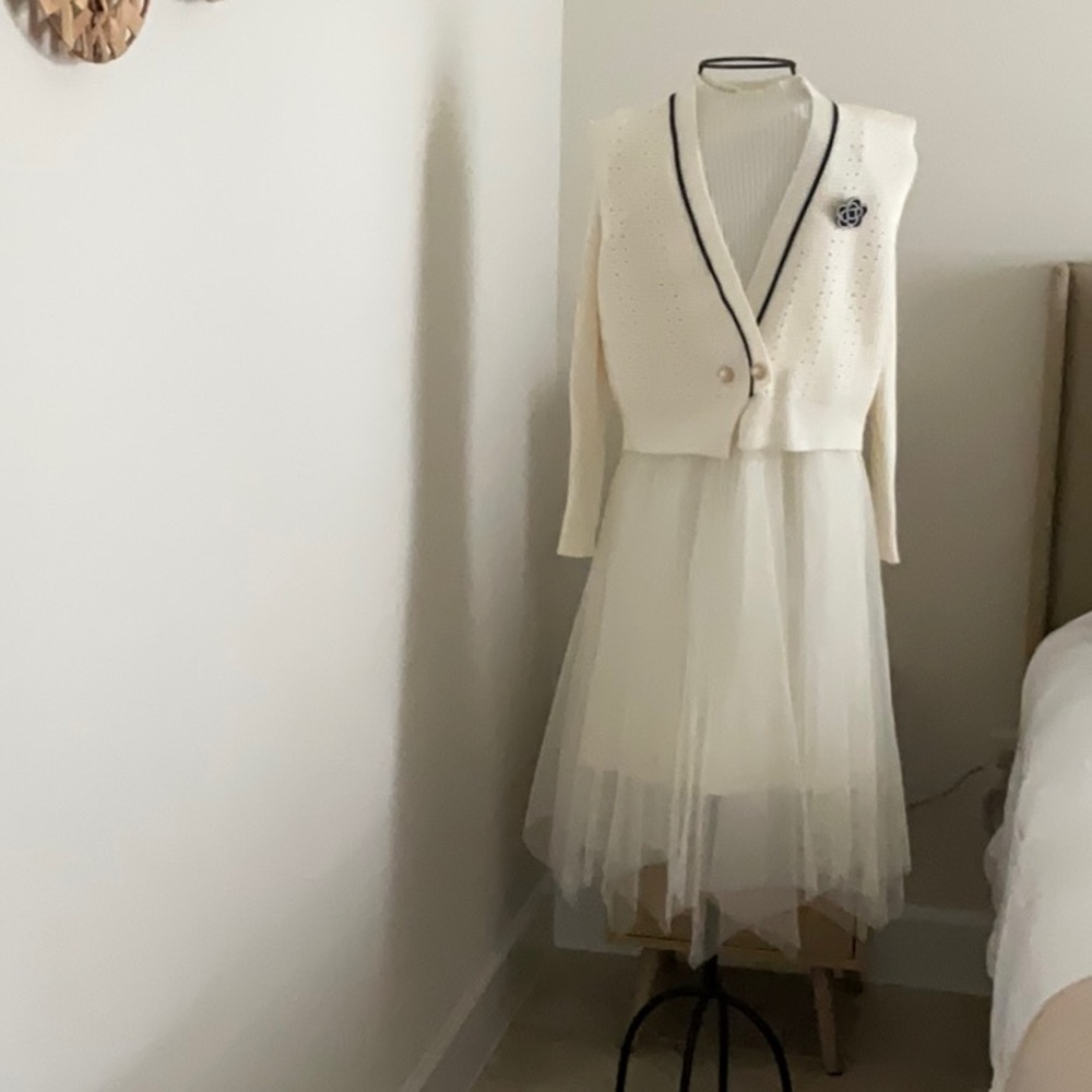 Elegant Cream Cardigan and Dress Set
